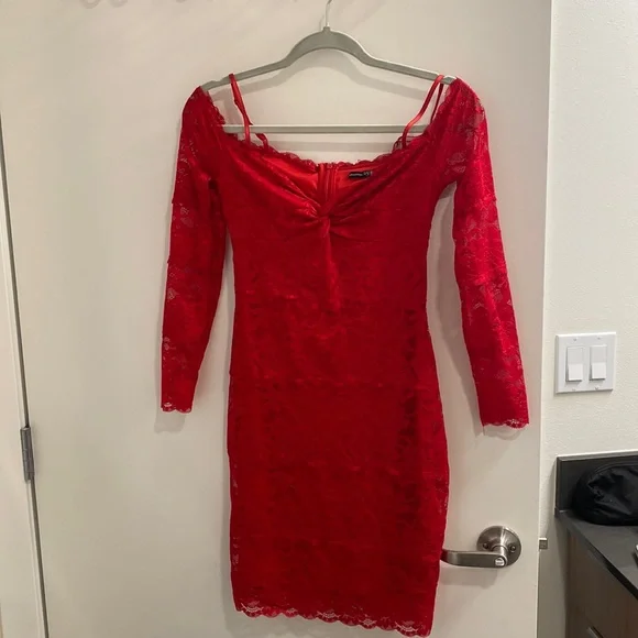 fitted lace wedding dress Jluxlabel | Red Off Shoulder Cutout Dress | Size XL main image 1